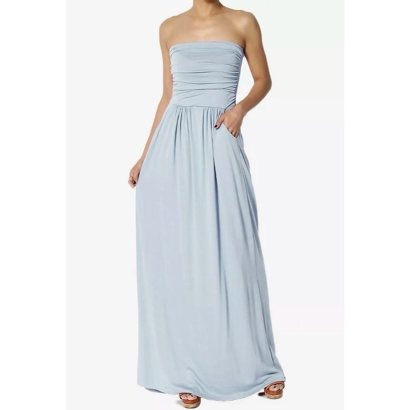Dresses & Skirts - STRAPLESS ASH BLUE MAXI DRESS With RUCHED BODICE